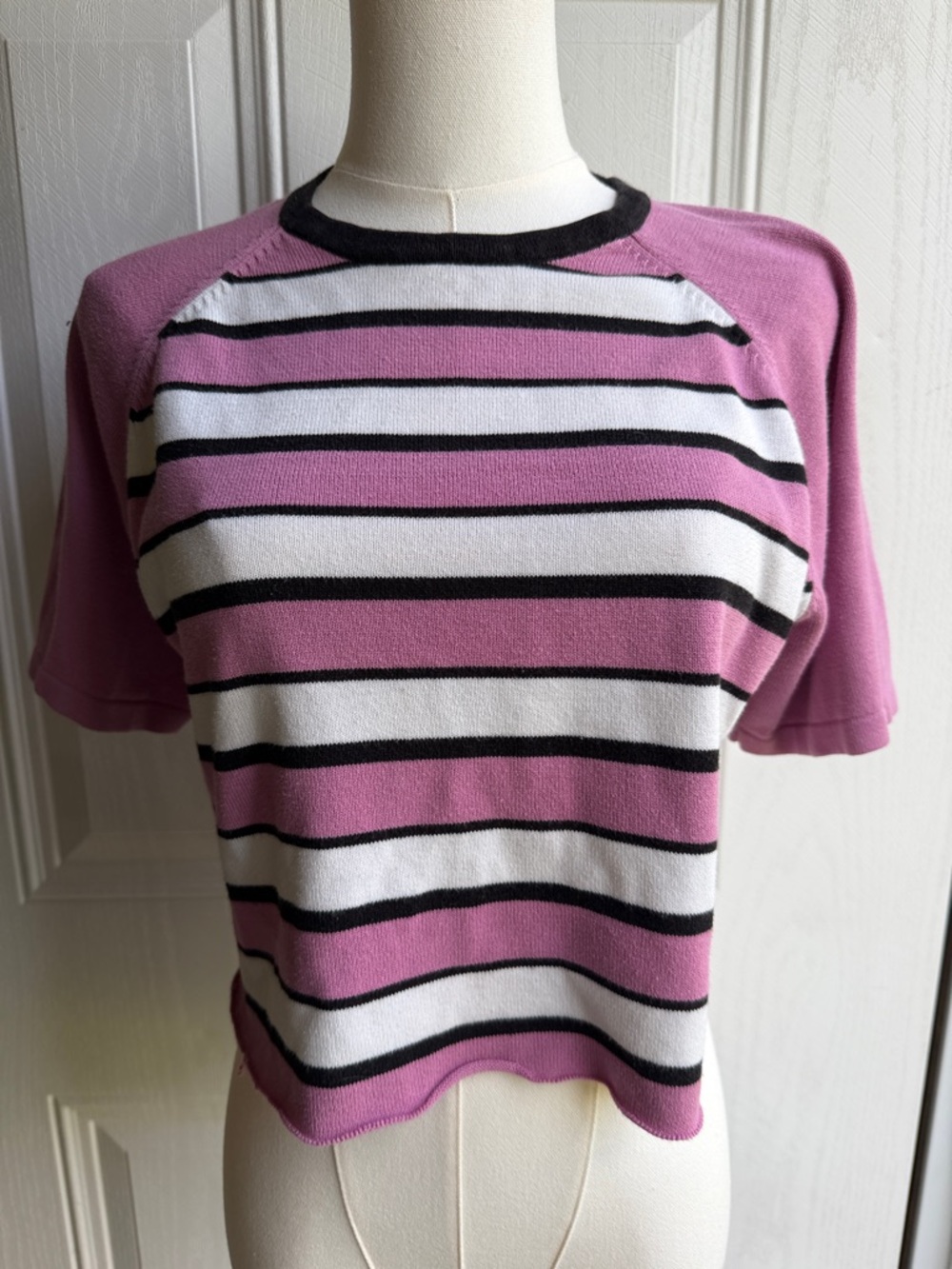 Vintage Allison Daley Pink, White & Black Striped 80s Cropped Knit Tee SizeM